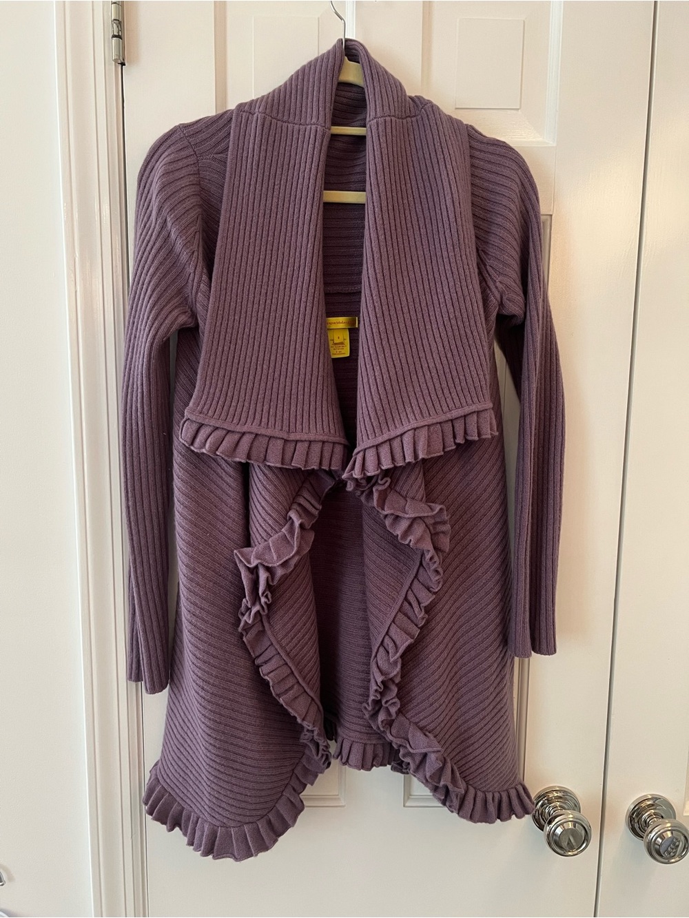 Catherine Malandrino 100% Cashmere Dusty Lavender Ruffled Open-Front Cardigan